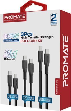 Комплект кабелів Promate USB Type-C - USB Type-C (M/M), 3A, 60W, 0.3 м, 1.2 м, 2 м Black (cablekit-cc.black) [604431]