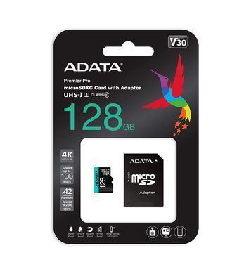 Карта пам'яті microSDXC (UHS-1 U3) A-DATA Premier Pro 128Gb Class 10 V30S A2 (R-100Mb/s W85Mb/s) (adapter SD) (AUSDX128GUI3V30SA2-RA1) [806429]