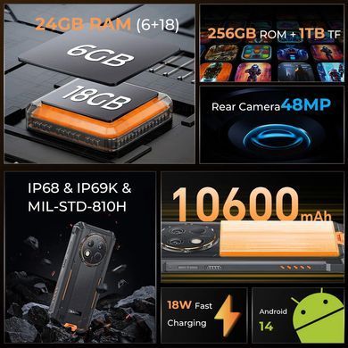 Смартфон Oukitel G1 6.5"HD+ /6GB/256GB/ T606 /10600mAh /48+5Мп/ IP69K /NFC Orange (G1_Orange) [400711]