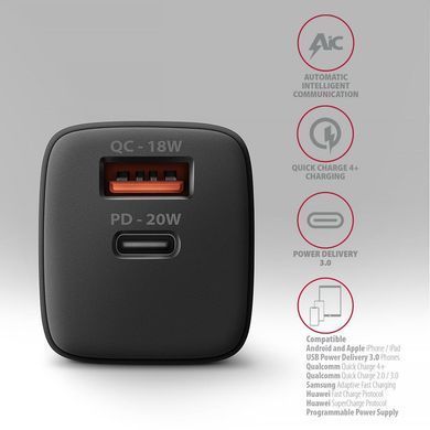 Мережевий зарядний пристрій AXAGON, QC3.0/AFC/FCP + PD type-C, 20W, Чорний (ACU-PQ20) [503002]