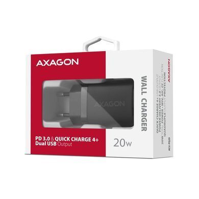 Мережевий зарядний пристрій AXAGON, QC3.0/AFC/FCP + PD type-C, 20W, Чорний (ACU-PQ20) [503002]