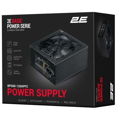 Блок живлення 2E Basic Power (500W), >80%, 120мм, 1xMB 24pin(20+4), 1xCPU 8pin(4+4), 3xMolex, 4xSATA, 2xPCIe 8pin(6+2) (2E-BP500-120APFC) [111676]