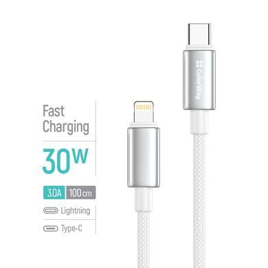 Кабель ColorWay USB Type-C - Lightning (M/M), zinc alloy braided, 3А, 1 м, White (CW-CBPDCL098-WT) [619971]