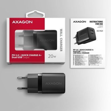 Мережевий зарядний пристрій AXAGON, QC3.0/AFC/FCP + PD type-C, 20W, Чорний (ACU-PQ20) [503002]