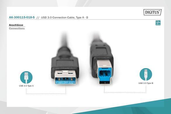 Кабель DIGITUS USB 3.0 (AM/BM) 1.8м, чорний (AK-300115-018-S) [110318]