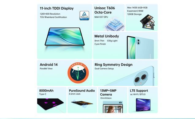 Планшет Teclast P50 11" 6ГБ, 128ГБ, LTE, 8000мА&bull;год, Android, блакитний (6940709686829) [101400]