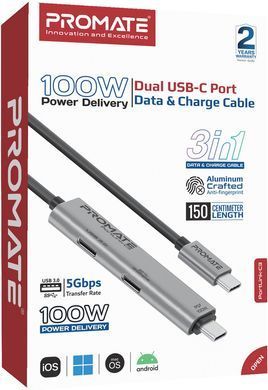 Кабель Promate USB Type-C - USB Type-C (M/M), 5A, 100W, 1.5 м, Black (portlink-c3.black) [604432]