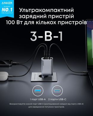Мережевий зарядний пристрій Anker GaNPrime Charger - 100W, 2xUSB-C PD & 1xUSB-A Foldable Silver (A2688341) [201905]