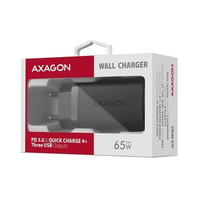 Мережевий зарядний пристрій AXAGON, 3x port (USB + dual USB-C), PD3.0/QC4+/PPS/Apple, 65W, Чорний (ACU-DPQ65) [503003]