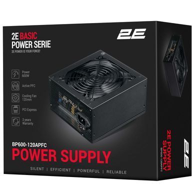 Блок живлення 2E Basic Power (600W), >80%, 120мм, 1xMB 24pin(20+4), 1xCPU 8pin(4+4), 3xMolex, 4xSATA, 2xPCIe 8pin(6+2) (2E-BP600-120APFC) [111677]