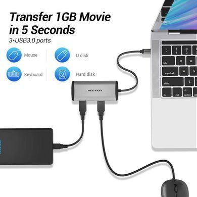 Концентратор Vention USB-C 3-Port, RJ-45, PD, 0.15 m (TGDHB) [609356]