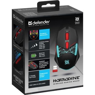 Мишка Defender Horrodine GM-237, бездротова, ігрова, 6кн., 3200 dpi., 320 mAh, чорна (52237) [401332]