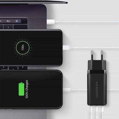 Мережевий зарядний пристрій AXAGON, 3x port (USB + dual USB-C), PD3.0/QC4+/PPS/Apple, 65W, Чорний (ACU-DPQ65) [503003]
