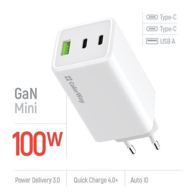 Мережевий зарядний пристрій ColorWay GaN Mini 100W PD Port PPS USB (USB-2C1A) White (CW-CHS061PD-WT) [603379]