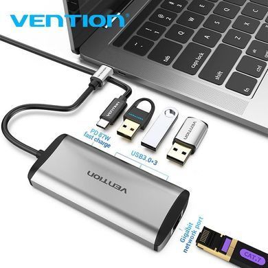 Концентратор Vention USB-C 3-Port, RJ-45, PD, 0.15 m (TGDHB) [609356]
