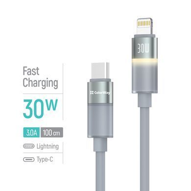Кабель ColorWay USB Type-C - Lightning (M/M), warm light, 3А, 1 м, Grey (CW-CBPDCL092-GR) [619975]