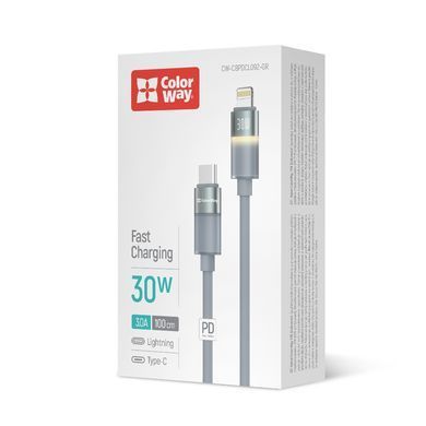 Кабель ColorWay USB Type-C - Lightning (M/M), warm light, 3А, 1 м, Grey (CW-CBPDCL092-GR) [619975]