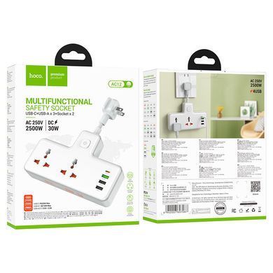 Мережевий подовжувач HOCO AC12 Reise 2-position expansion socket(PD30W/1C3A) (US) White (6942007607087) [802780]