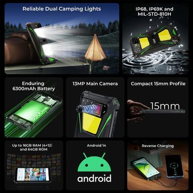 Смартфон Oukitel G5 6" HD+ /4GB/256GB T310 /6300mAh /Ліхтар/13+5Мп/ IP69K/Green (G5_256_GN) [405090]