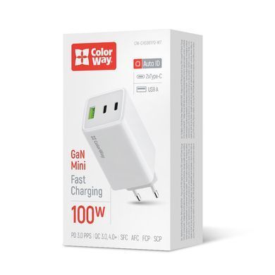 Мережевий зарядний пристрій ColorWay GaN Mini 100W PD Port PPS USB (USB-2C1A) White (CW-CHS061PD-WT) [603379]