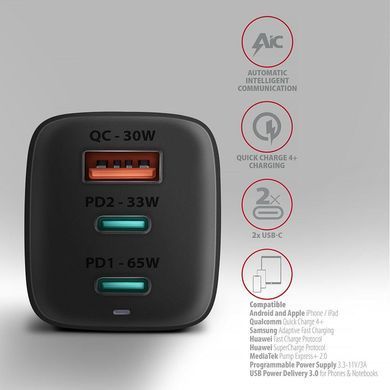 Мережевий зарядний пристрій AXAGON, 3x port (USB + dual USB-C), PD3.0/QC4+/PPS/Apple, 65W, Чорний (ACU-DPQ65) [503003]