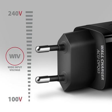 Мережевий зарядний пристрій AXAGON, 3x port (USB + dual USB-C), PD3.0/QC4+/PPS/Apple, 65W, Чорний (ACU-DPQ65) [503003]