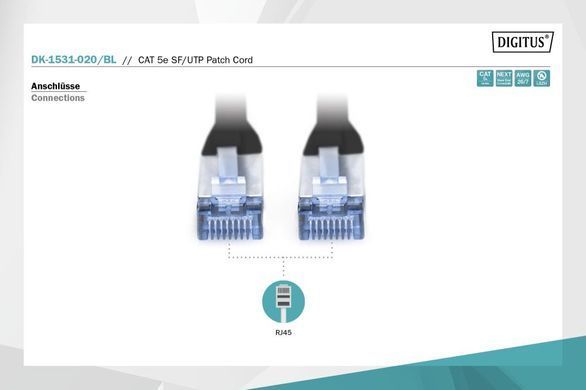 Патч-корд CAT 5e SF-UTP, Cu, PVC AWG 26/7, довжина 2 м, колір чорний DIGITUS by ASSMANN (DK-1531-020/BL) [502726]