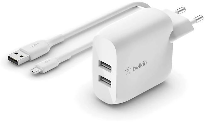 Зарядний пристрій мережевий Belkin 24Вт 2хUSB-A, кабель USB-A > Lightning, 1м, білий (WCD001VF1MWH) [108355]