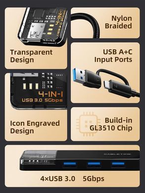 Концентратор Cabletime USB C/A - 4 Port USB 3.0, 5Gbps, 0.15 m (CB05B) [609357]