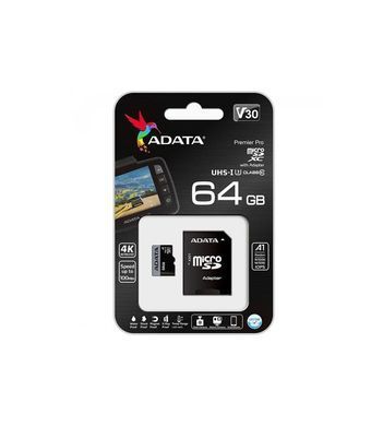 Карта пам'яті microSDXC (UHS-1 U3) A-DATA Premier Pro 64Gb Class 10 V30S A2 (R-100Mb/s W85Mb/s) (adapter SD) (AUSDX64GUI3V30SA2-RA1) [806431]