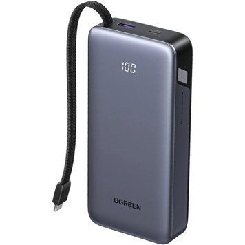 УМБ Ugreen 20000mAh 45W PD/QC, USB-A,USB-С IN/OUT, with built in USB-C cable (PB536) Gray (55988B) [405667]