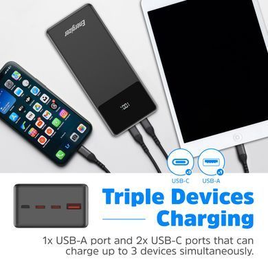 УМБ Energizer 27000mAh 65W PD,QC3.0,USB-А, 2хUSB-C, Micro-USB, LCD display,Black (UE27062PQ) [404346]