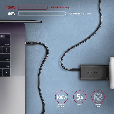 Кабель AXAGON USB-C-USB-C 3.2 Gen 2, 2m, PD 100W, 5A, 4K HD, Чорний (BUCM32-CM20AB) [503004]