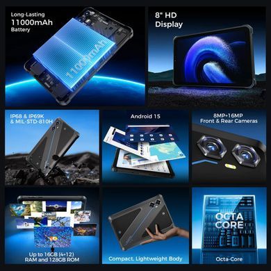 Планшет Oukitel RT3plus 8&rdquo; HD / 4GB/128GB / G81 / 11000mAh / 16+8Мп / IP69K / LTE Black (RT3Plus_Black) [403116]