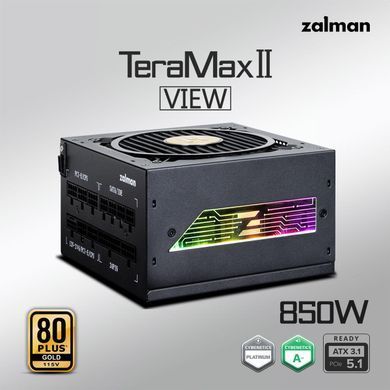 Блок живленняZalman Teramax 2 View (850W) 99%, 80+ Gold, 120мм, 1xMB 24pin(18+10), 2xCPU(4+4 pin), 3xMolex, 12xSATA, 4xPCIe 8pin(6+2), 1xPCIe GEN5 16pin, 1x +5V ARGB cable, Fully Modular (ZM850-TMX2VIEW) [112137]