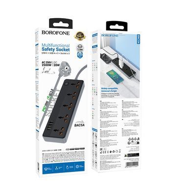Мережевий подовжувач BOROFONE BAC5A Lord 5 position socket(PD20W/1C3A)(EU) Black (6941991111501) [802781]