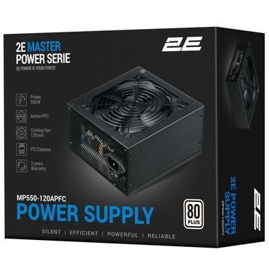 Блок живлення 2E Master Power (550W), >80%, 80+ White, 120мм, 1xMB 24pin(20+4), 1xCPU 8pin(4+4), 3xMolex, 5xSATA, 2xPCIe 8pin(6+2) (2E-MP550-120APFC) [111678]