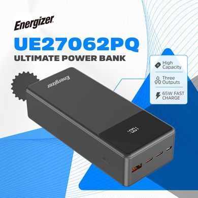 УМБ Energizer 27000mAh 65W PD,QC3.0,USB-А, 2хUSB-C, Micro-USB, LCD display,Black (UE27062PQ) [404346]
