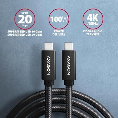 Кабель AXAGON USB-C-USB-C 3.2 Gen 2, 2m, PD 100W, 5A, 4K HD, Чорний (BUCM32-CM20AB) [503004]