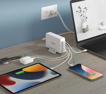Зарядний пристрій мережевий D-Link 240Вт GaN 4хUSB-С, 1xUSB-A, білий (DCF-241) [111309]