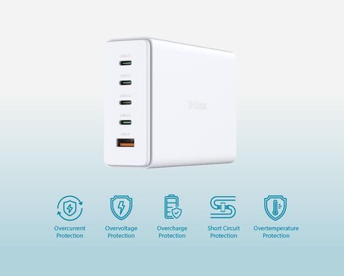 Зарядний пристрій мережевий D-Link 240Вт GaN 4хUSB-С, 1xUSB-A, білий (DCF-241) [111309]