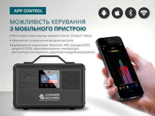 Портативна електростанція Konner&Sohnen KS 2400PS, 2400Вт, 2240Вт/год, LifePo4, Bluetooth, UPS, 25.9кг (KS2400PS) [114055]