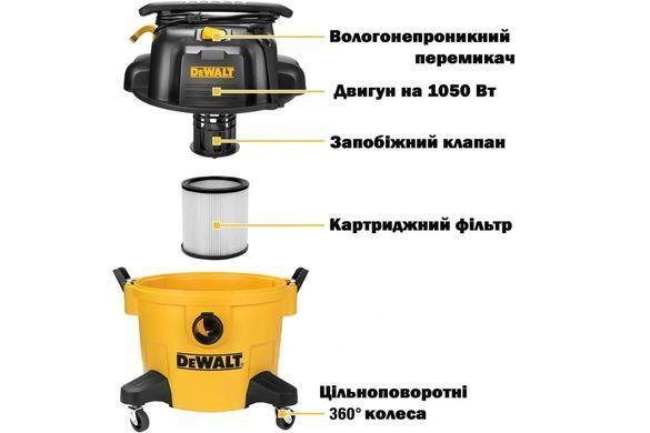 Пилосос професійний DeWalt 1050Вт 15кПа контейнер 20л 6.2кг (DXV20PC) [110193]