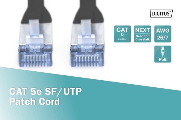 Патч-корд CAT 5e SF-UTP, Cu, PVC AWG 26/7, довжина 1 м, колір чорний DIGITUS by ASSMANN (DK-1531-010/BL) [502729]