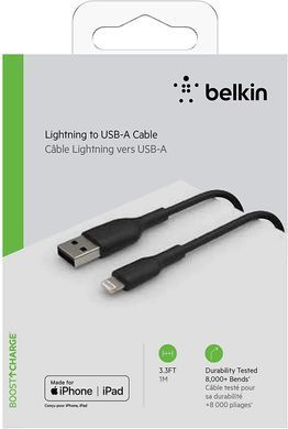 Кабель USB-A > Lightning заряджання/синхронізації Belkin 1м, 12Вт, PVC, чорний (CAA001BT1MBK) [108502]