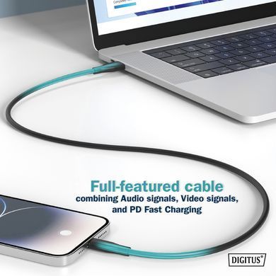 Кабель DIGITUS USB-C заряджання/синхронізації, USB 4.0 Gen 2, 20G, 240W, 8K, силіконовий, 2м, чорний (AK-300344-020-S) [108606]