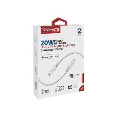 Кабель Promate PowerLine-Ci120 USB Type-C - Lightning (M/M), 3 A, 20 W, 1.2 м, White (powerline-ci120.white) [604434]