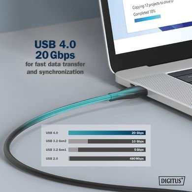 Кабель DIGITUS USB-C заряджання/синхронізації, USB 4.0 Gen 2, 20G, 240W, 8K, силіконовий, 2м, чорний (AK-300344-020-S) [108606]