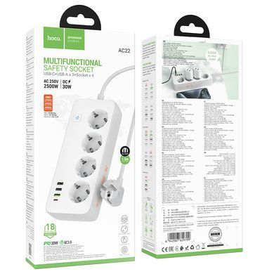 Мережевий подовжувач HOCO AC22 Sunlight 4-bit (PD30W/1C3A) desktop socket (EU/GER) (1.5 m) White (6942007629799) [806290]