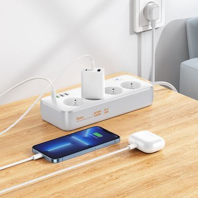 Мережевий подовжувач HOCO AC22 Sunlight 4-bit (PD30W/1C3A) desktop socket (EU/GER) (1.5 m) White (6942007629799) [806290]